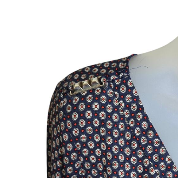 Zac & Rachel Womens Blouse Small Navy Geometric Print V Neck Roll Tab Sleeve Top - Picture 2 of 11